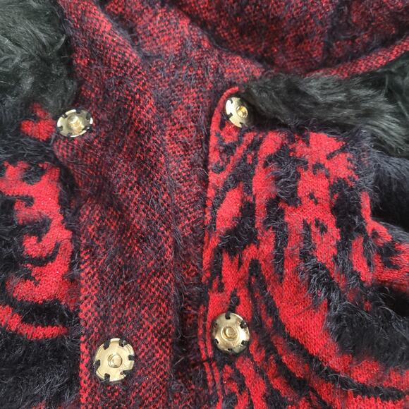 Black Rivet Womens Red Black Faux Fur Trim Long Sleeve Cardigan Sweater Size L - Picture 6 of 9